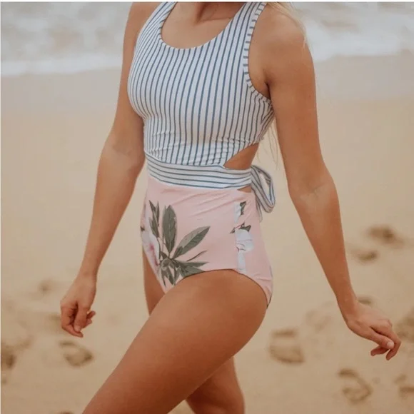 Albion Island Fever One Piece Swimsuit - Blue / White Stripe & Pink Floral - Picture 1 of 10